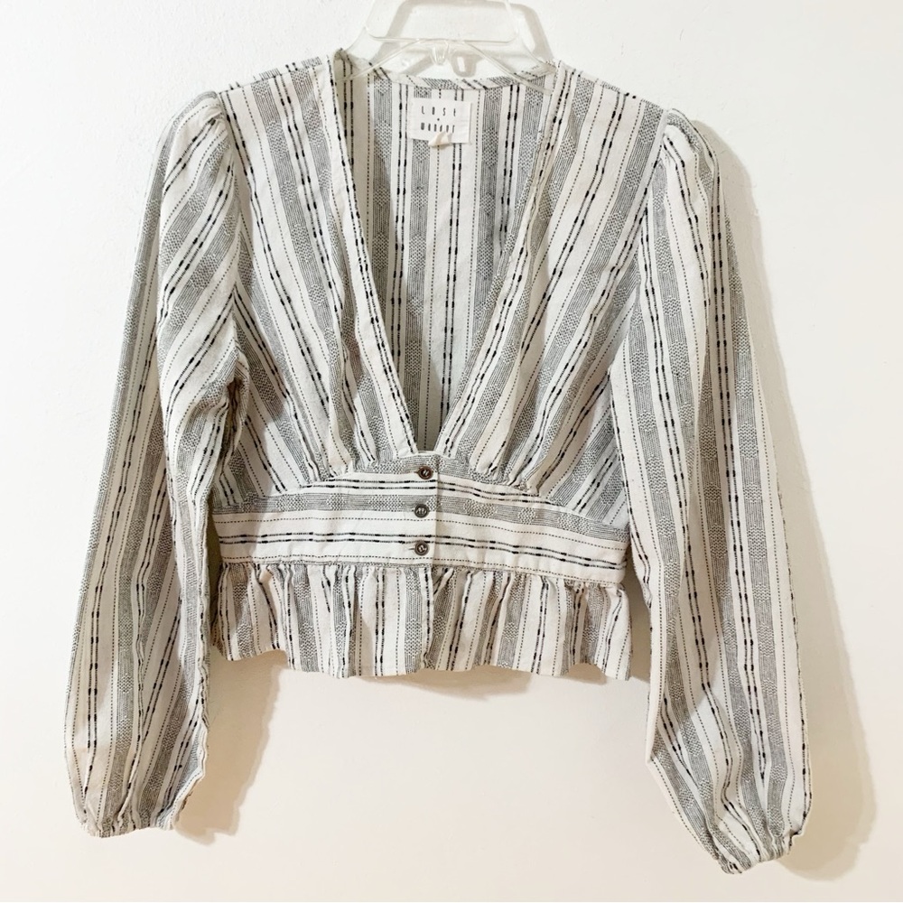 Lost + Wander Striped Long Sleeve Blouse Puff Sleeves Buttons Deep V Ruffled Hem